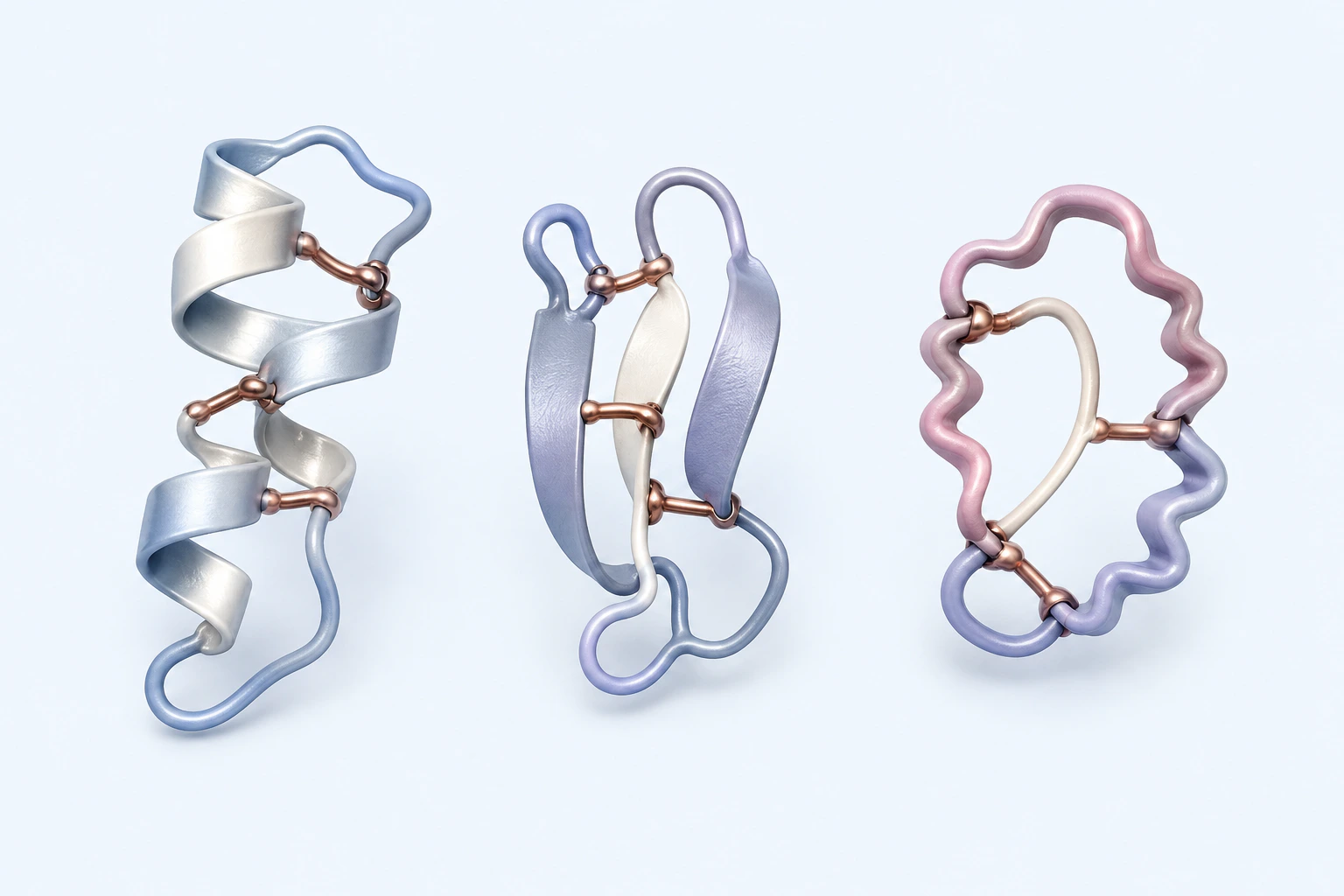 Three separated generic compact peptide teaching forms each contain three copper-colored bridge-like crosslinks.