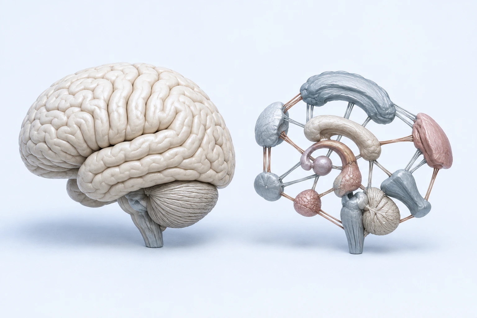 A complete intact brain teaching model appears beside a separate assembly of connected cortical- and limbic-like forms.