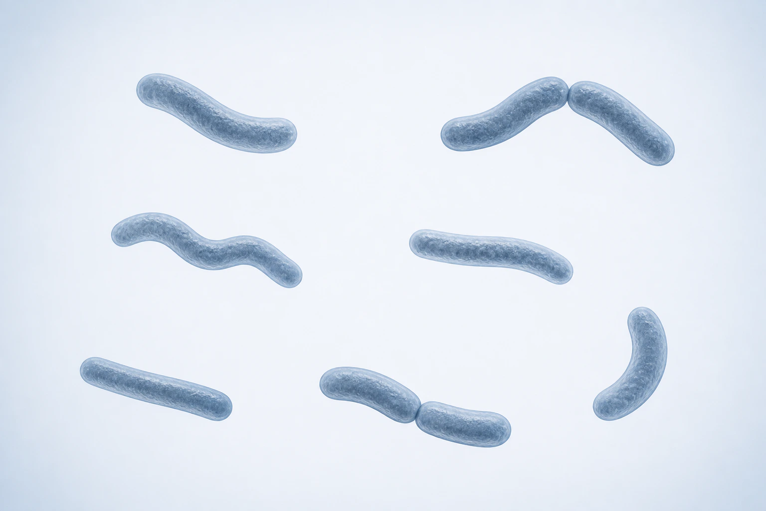 Nine selected Desulfovibrio rods appear in seven groupings: five curved, near-straight, or sigmoid singles and two touching pairs.
