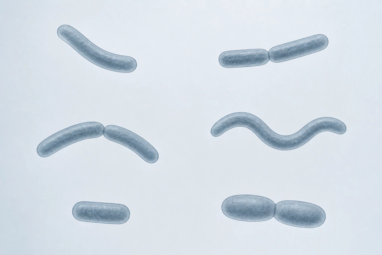 Nine selected Desulfovibrionales rod bodies appear in six groupings: three singles and three touching pairs spanning curved, sigmoid, near-straight, and short rounded forms.