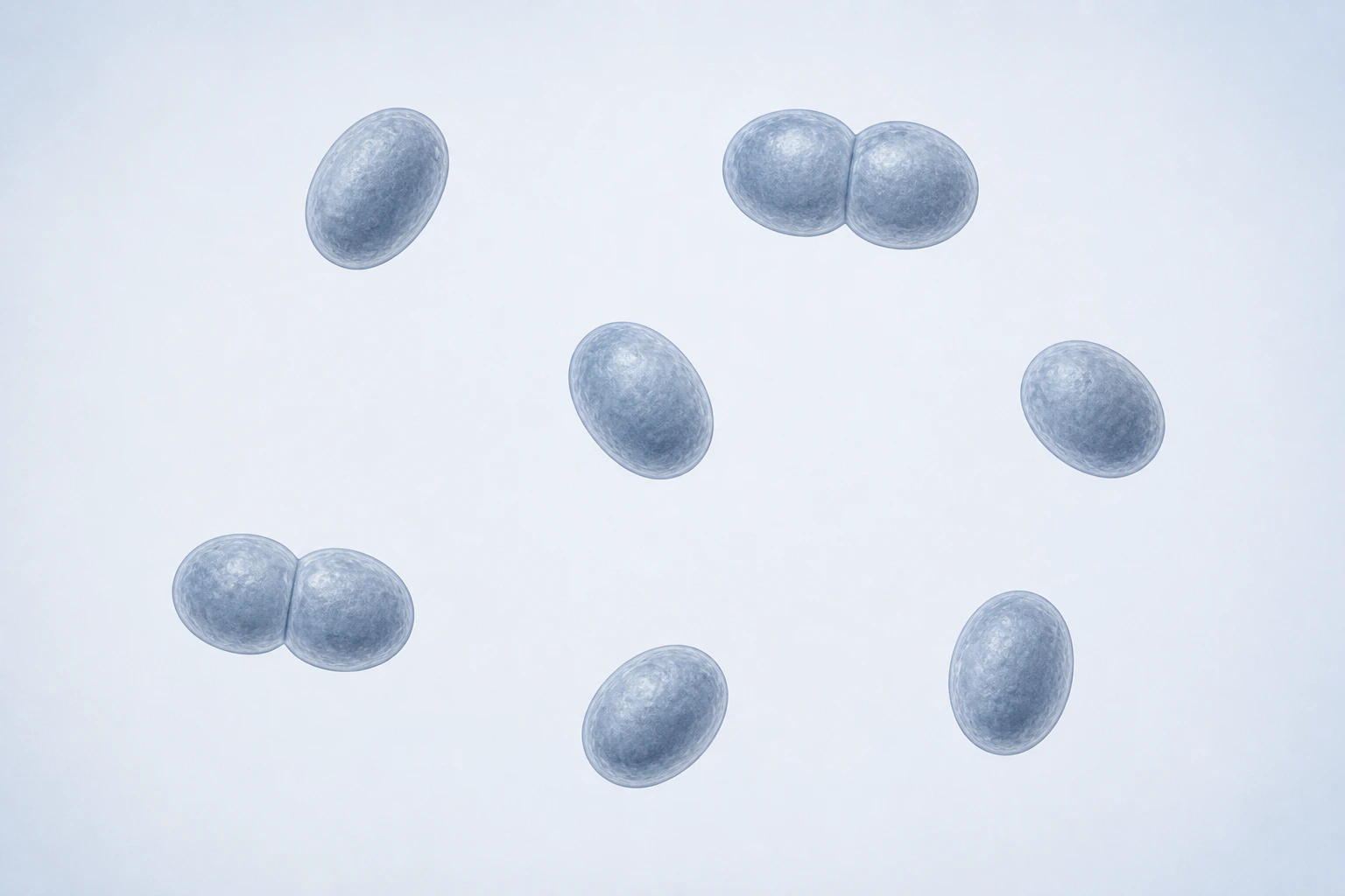 Nine selected Dialister histaminiformans ovoid bodies appear in seven groupings: five isolated singles and two touching pairs.