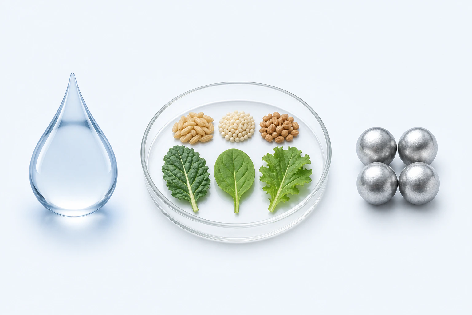A water droplet and a dish with three leafy and three granular plant-food groupings appear separately from four silver spheres.