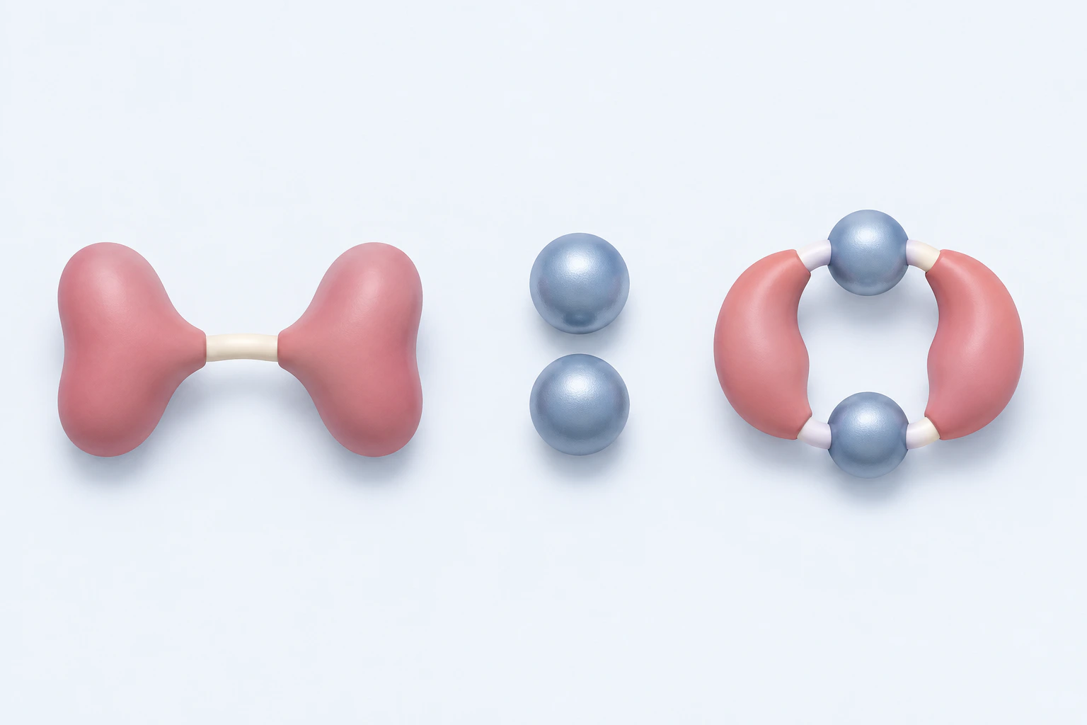 An open rose two-lobed teaching form and two silver-blue spheres appear separately from a closed rose-and-silver form.