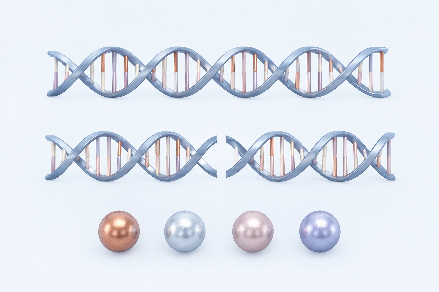 An intact generic double helix appears above a separate helix with one central two-strand discontinuity and four separate spheres.