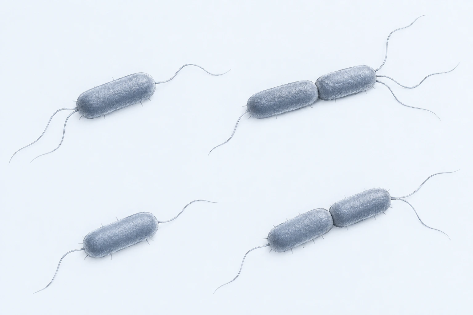 Six regular E. coli Nissle 1917 rod reconstructions in four groups with sparse flagella and pili.