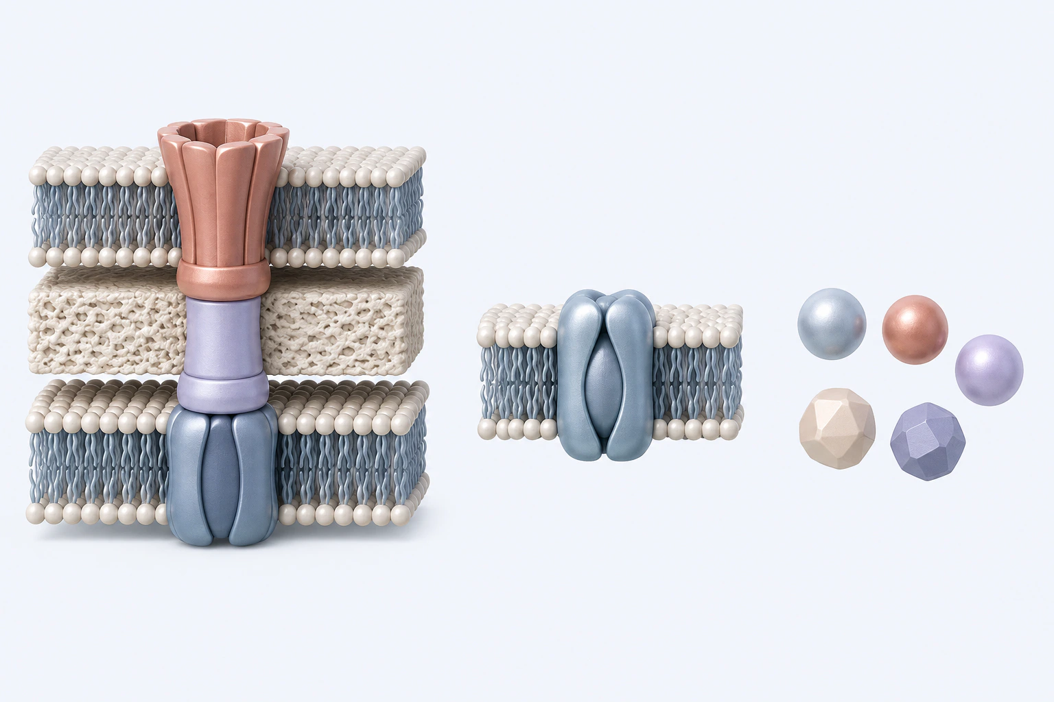 A two-bilayer envelope with a tripartite pump, a separate one-bilayer carrier model, and five substrate-context tokens form three groups.