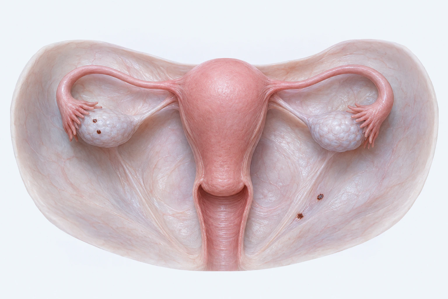 A complete internal pelvic reproductive model has four small dark superficial foci, two on one ovary and two on nearby peritoneal tissue.