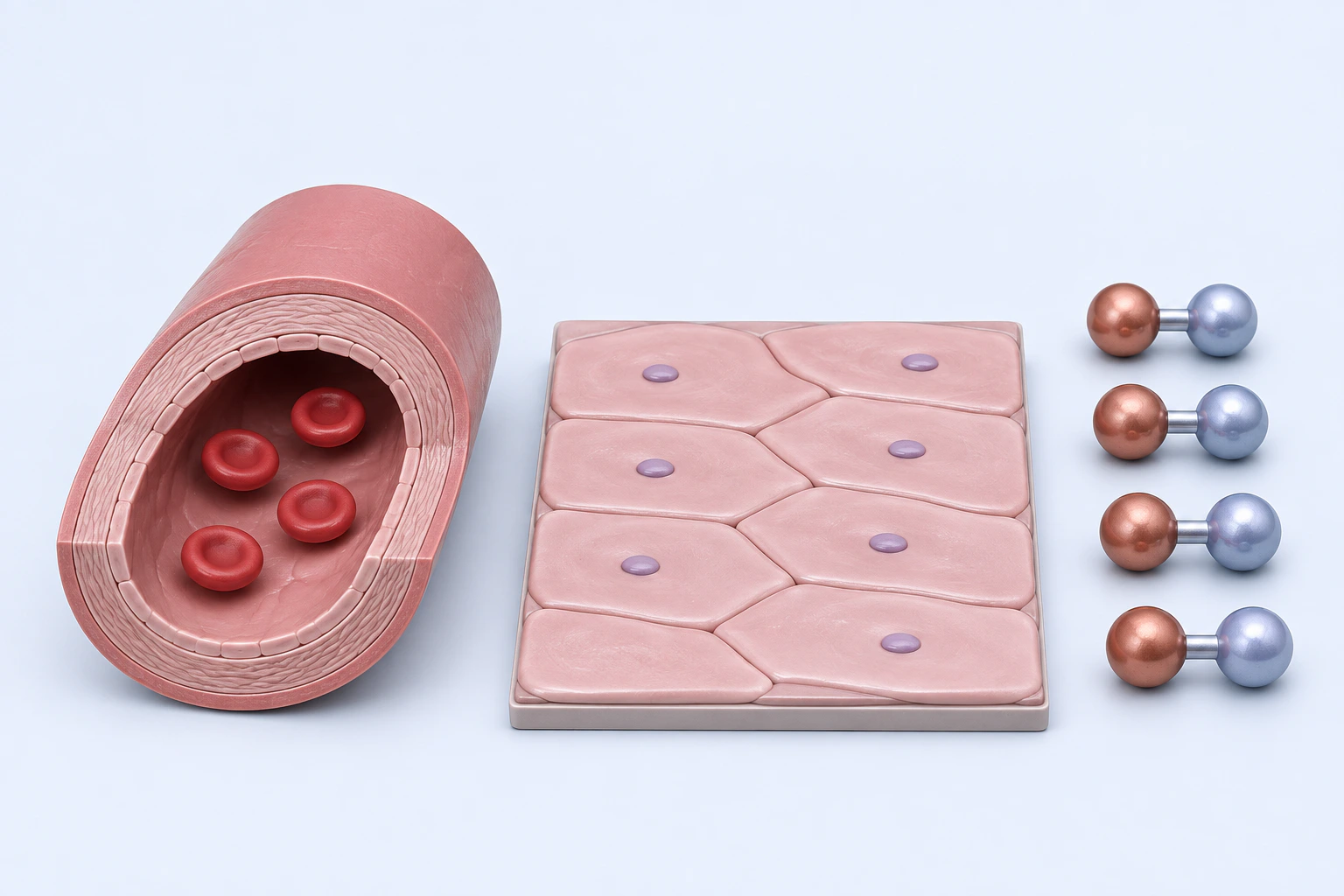 A patent vessel with four red-cell-like discs, a separate six-cell endothelial tile, and four paired context objects form three groups.