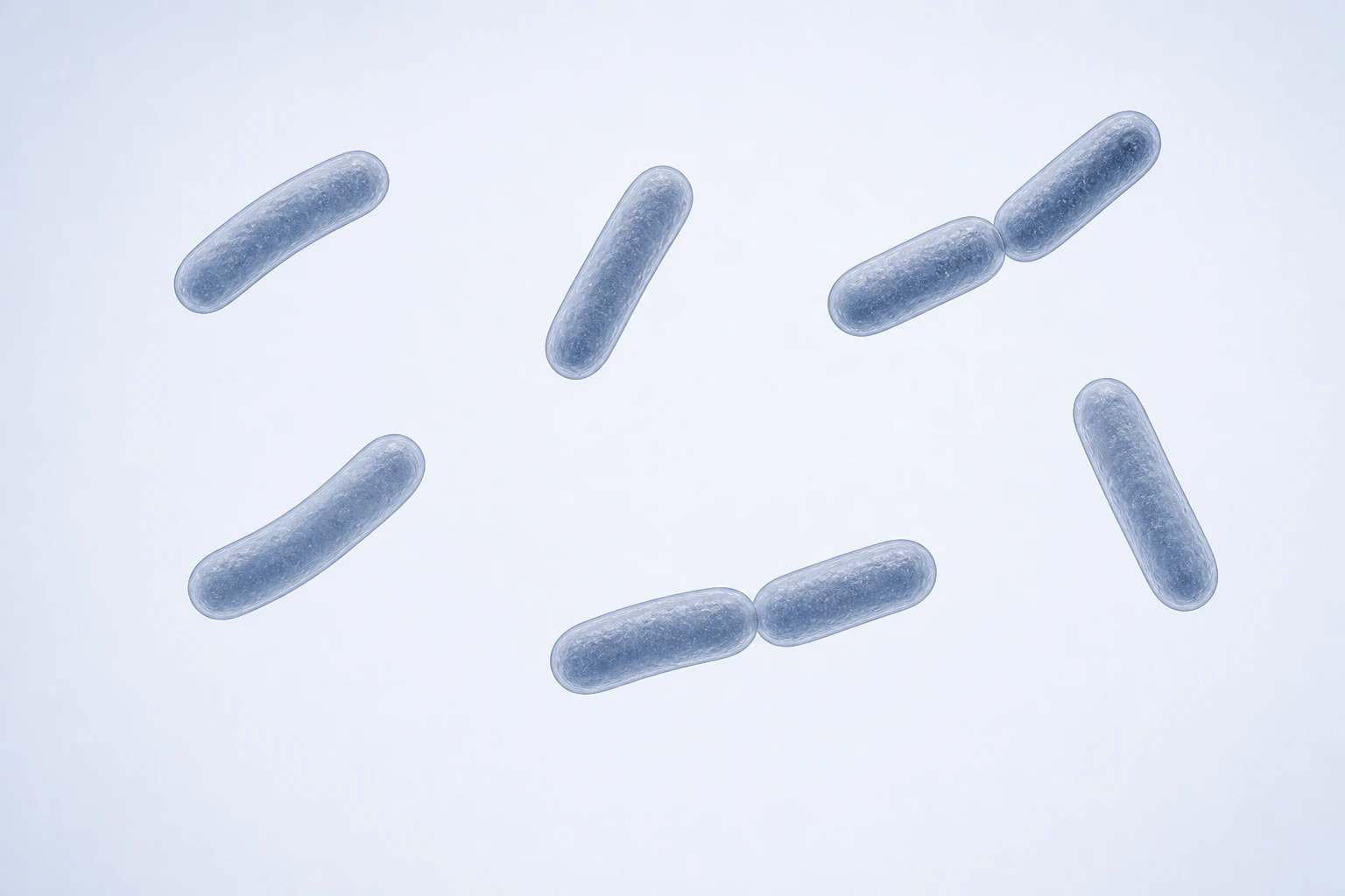 Eight selected Enterobacter rods appear in six groupings: four isolated singles and two touching pairs.