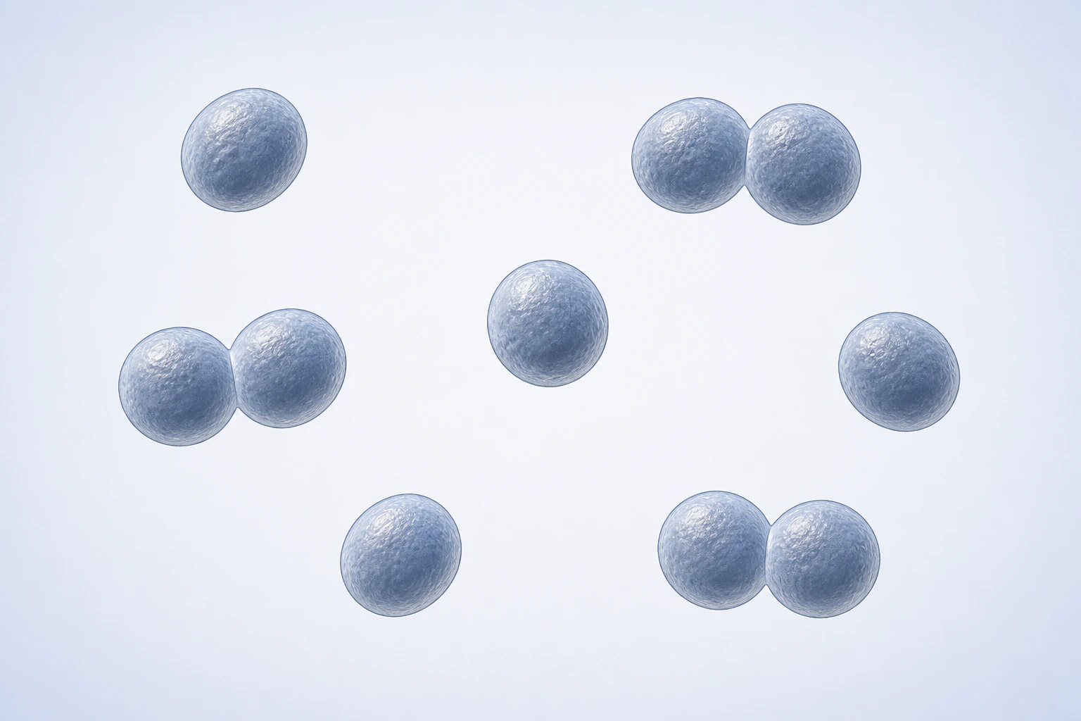 Ten selected Enterococcus faecalis spherical-to-ovoid bodies appear in seven groupings: four singles and three touching pairs.