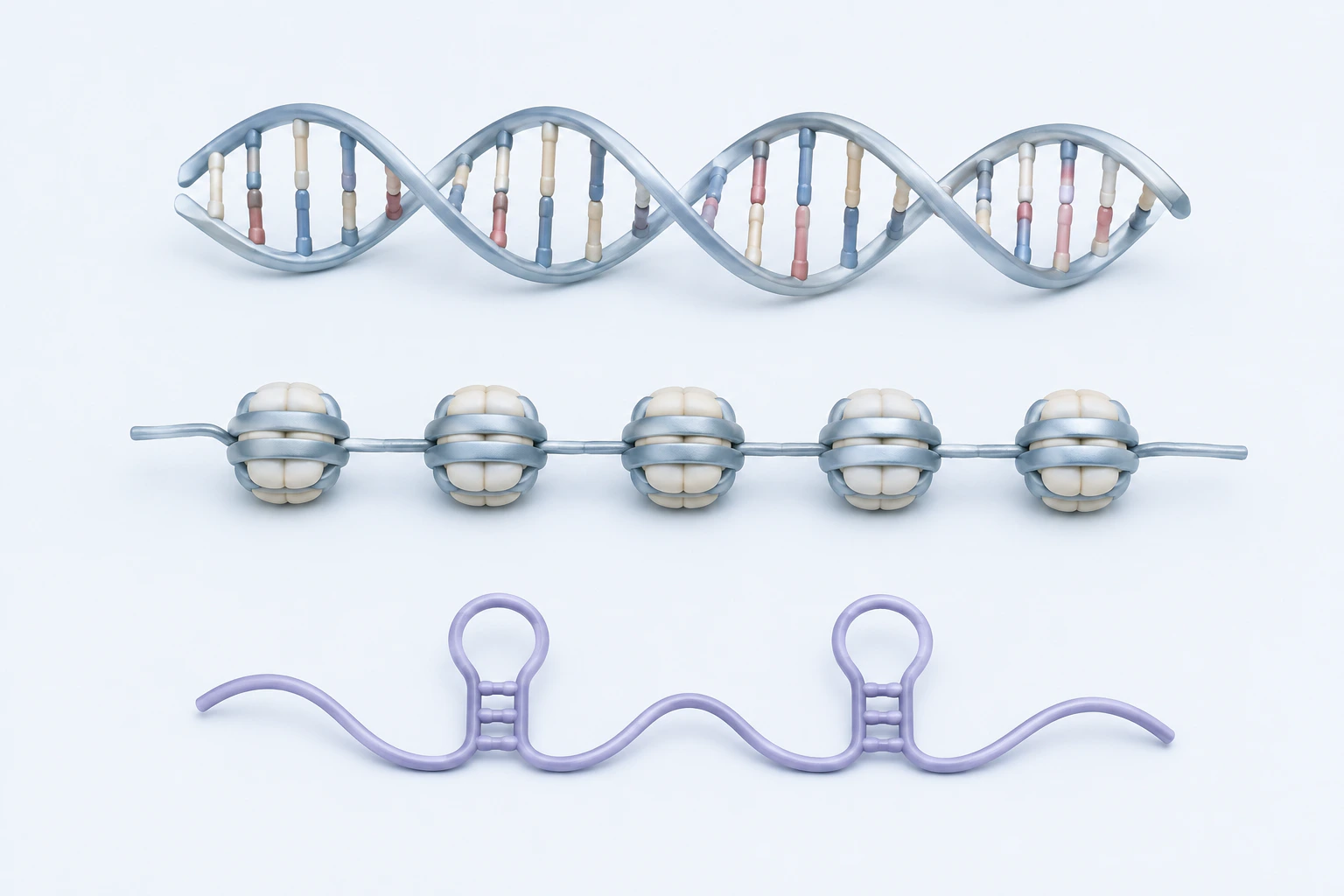 An unmarked DNA helix, a chromatin ribbon with five nucleosome-like cores, and an RNA-like ribbon with two hairpins form three groups.