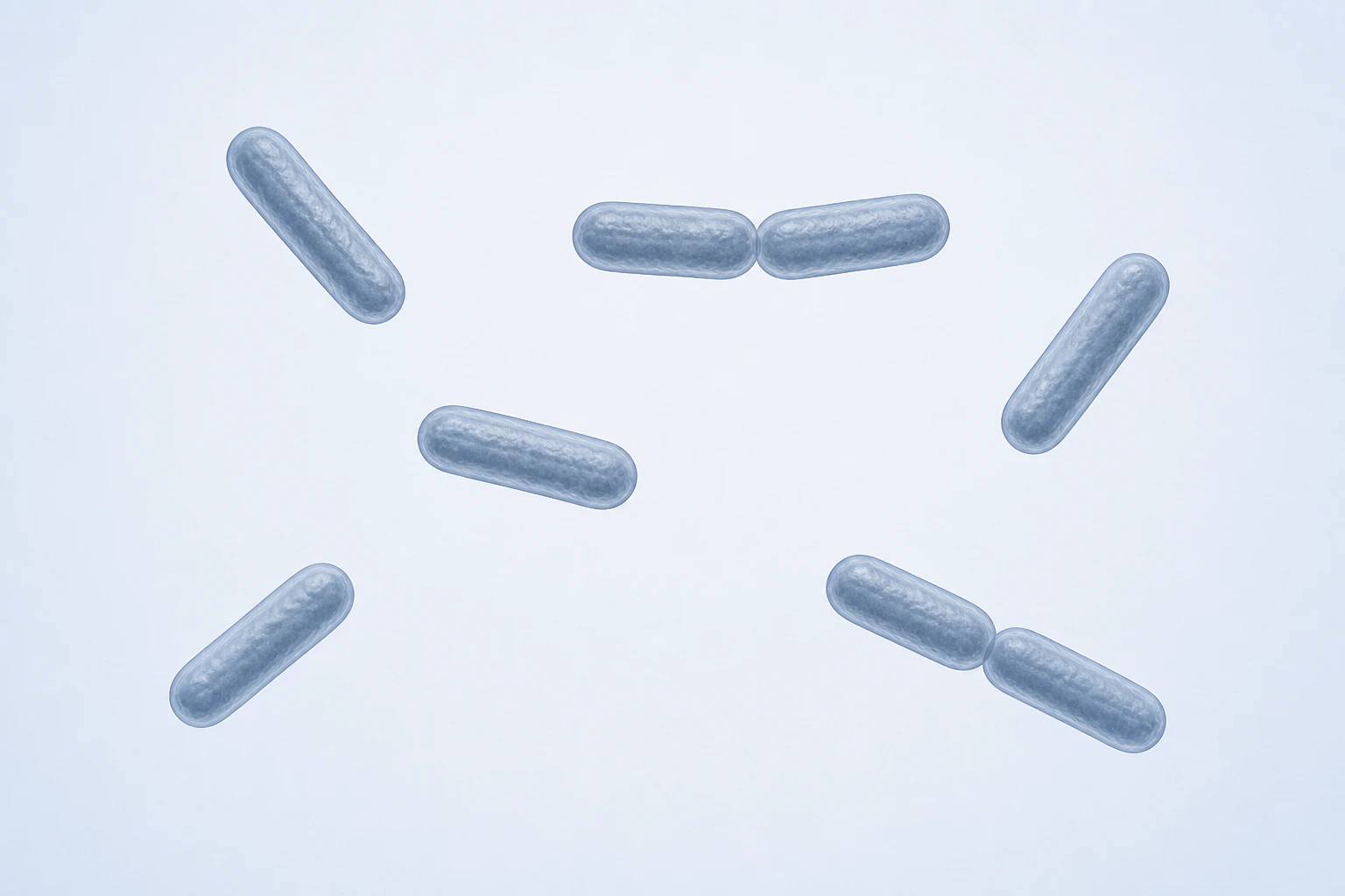 Eight selected Escherichia rods appear in six groupings: four isolated singles and two touching pairs.