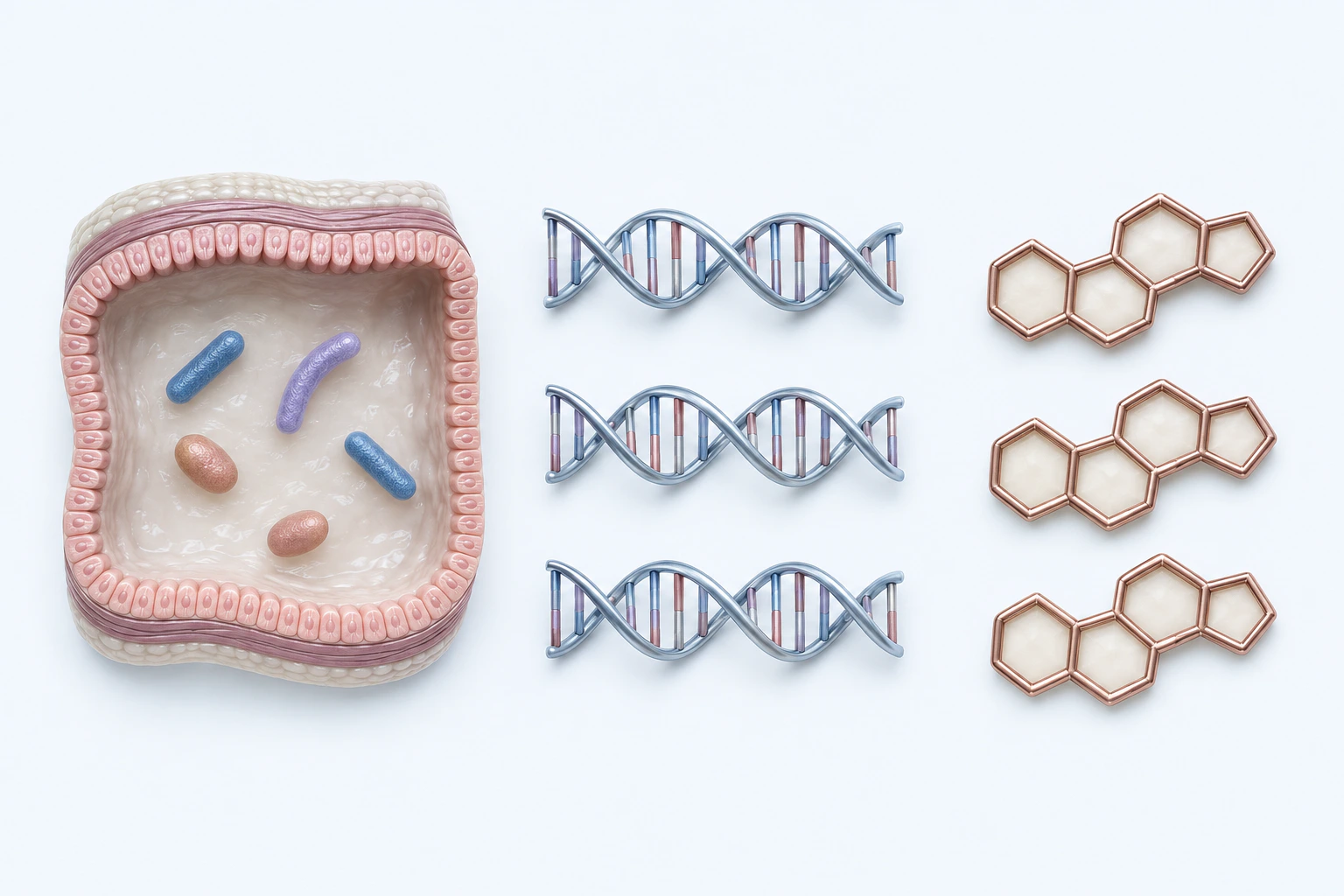 An intestinal teaching cutaway with five generic microbial forms sits beside three DNA helices and three non-literal four-ring context tokens.
