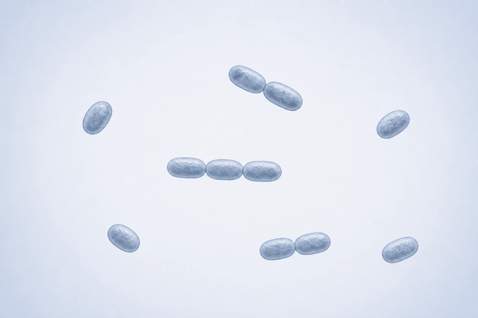 Eleven selected Fannyhessea vaginae elliptical-to-short-coccobacillary bodies appear as four singles, two touching pairs, and one three-body chain.