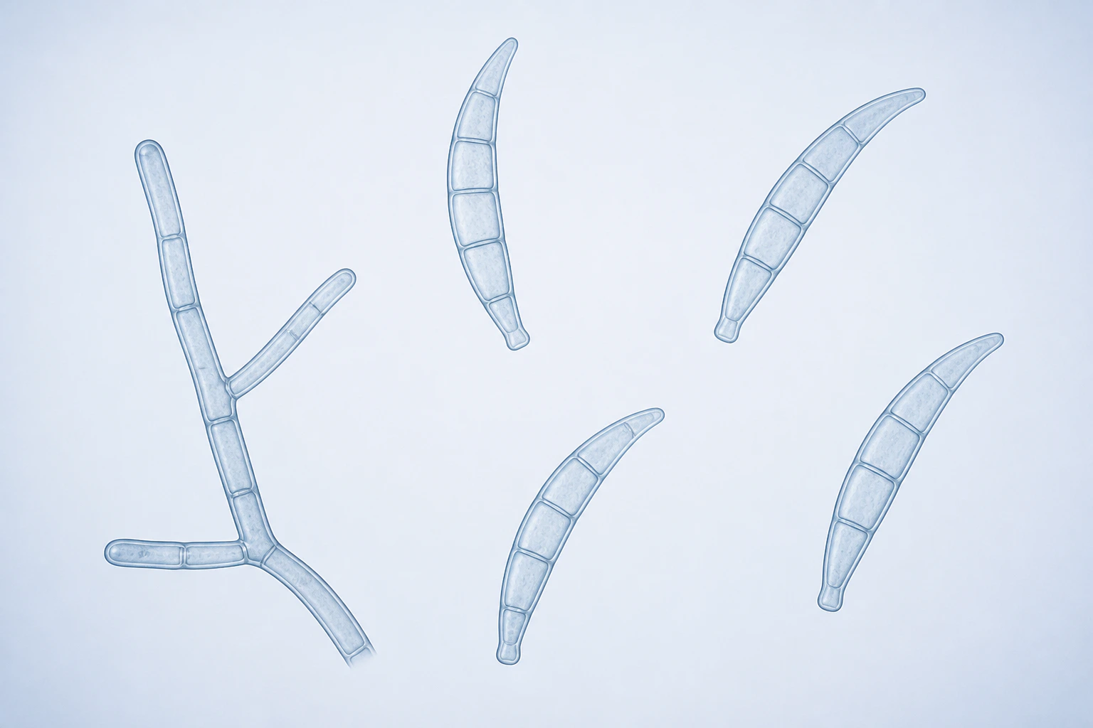 One continuing septate Fusarium hyphal grouping with two lateral branches and four detached curved multiseptate macroconidia appear on a pale field.
