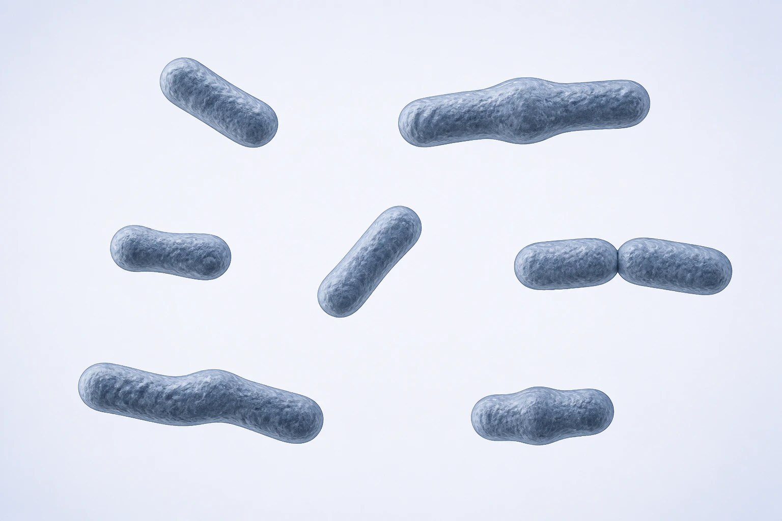 Eight short-to-medium pleomorphic Fusobacterium varium rods appear in seven groupings: six isolated singles and one touching pair.