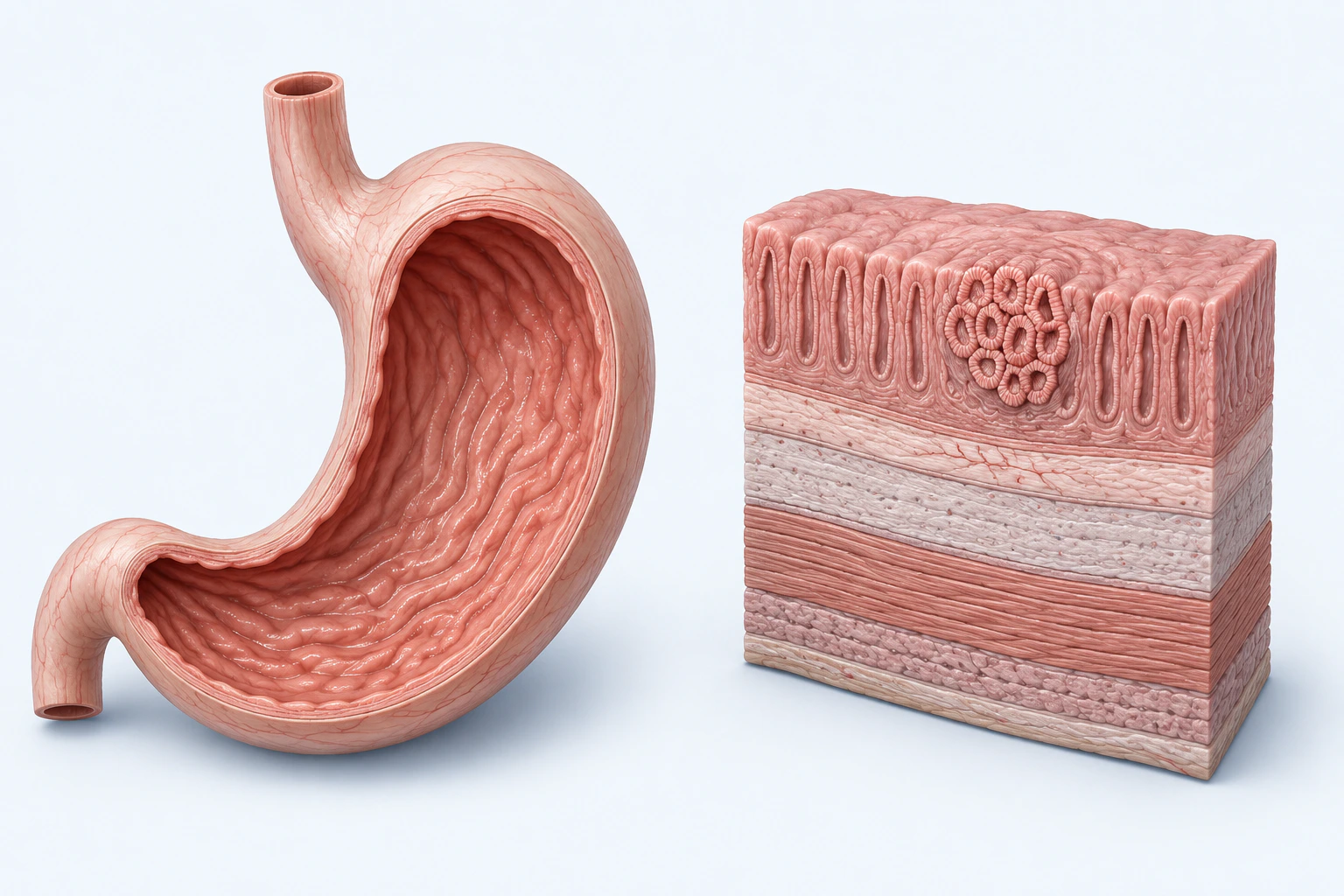 An opened stomach with visible folds appears beside a layered gastric-wall model containing one localized cluster of irregular circular gland-like mucosal structures.