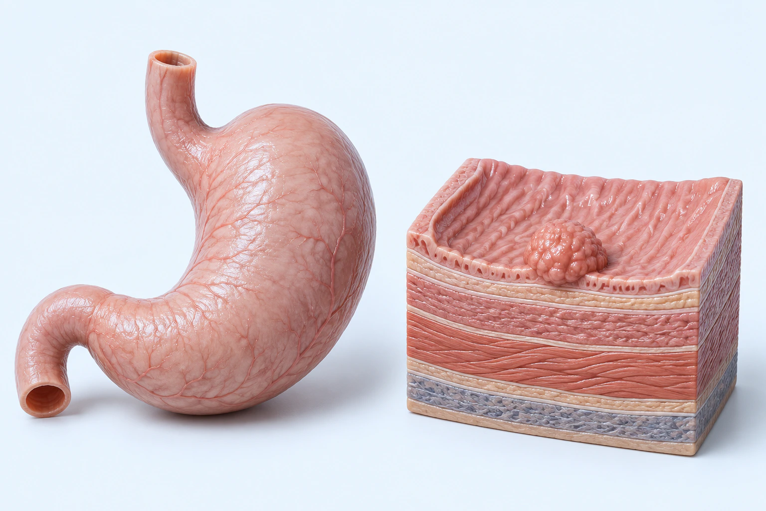 A complete external stomach model appears beside a layered gastric-wall model bearing one rounded irregular mucosal growth.