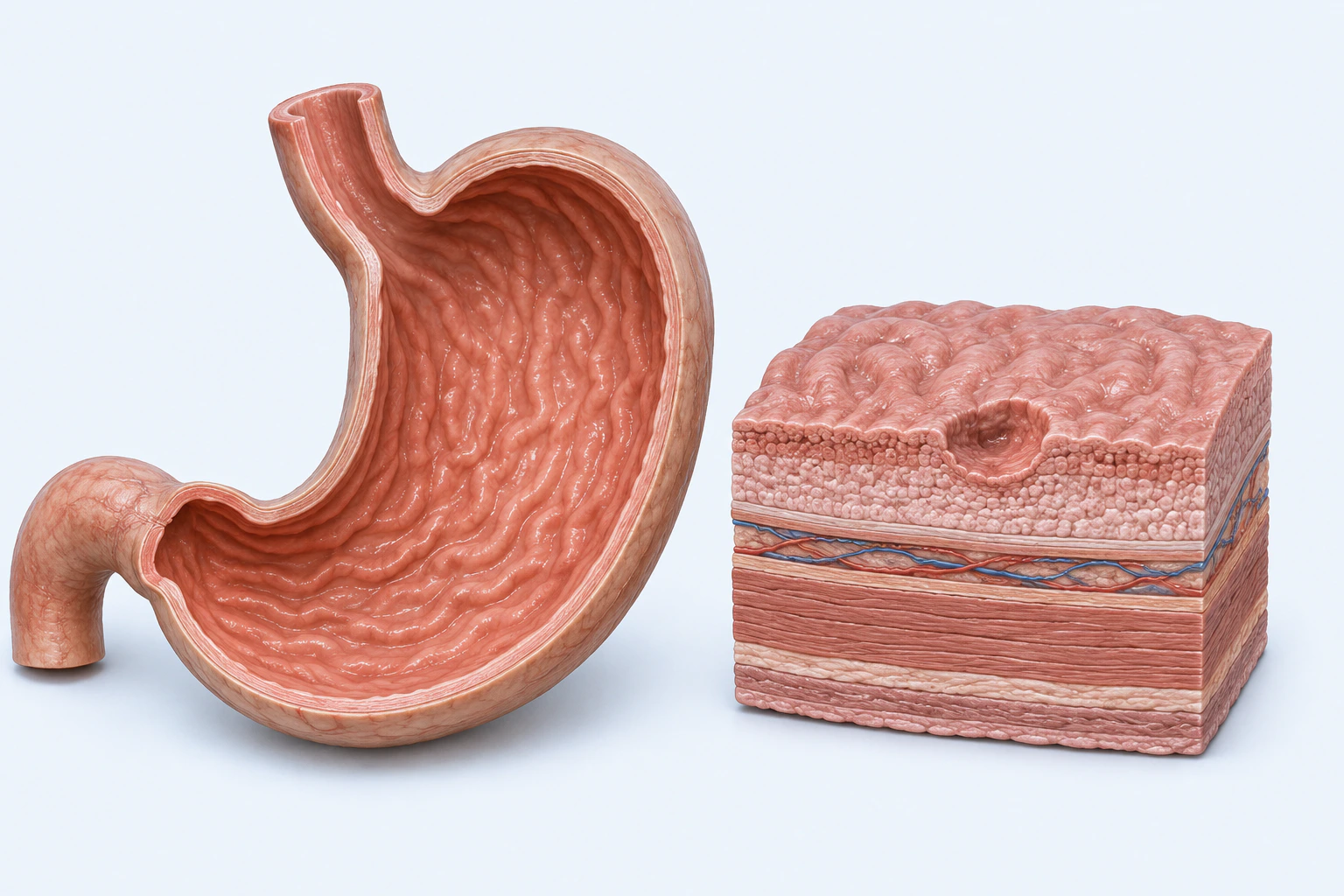 An opened stomach with visible folds appears beside a layered gastric-wall model containing one clean crater limited above the deep muscular layers.