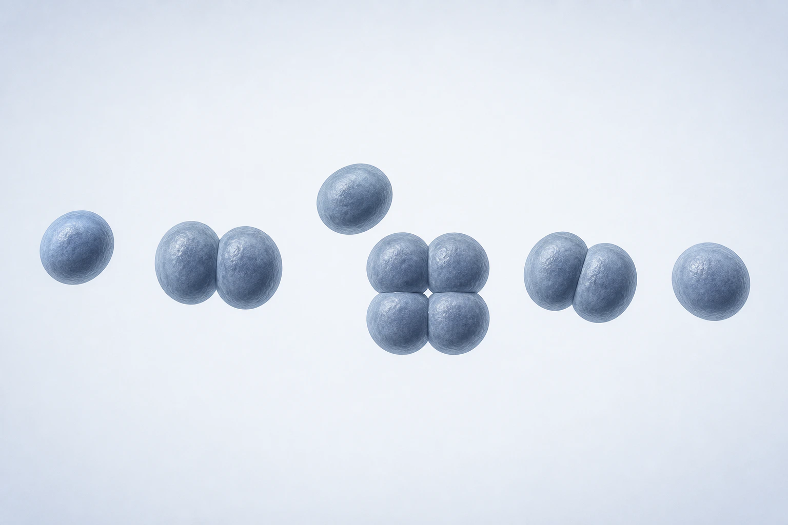 Eleven selected Gemella coccoid bodies appear in six groupings: three singles, two touching pairs, and one compact tetrad.