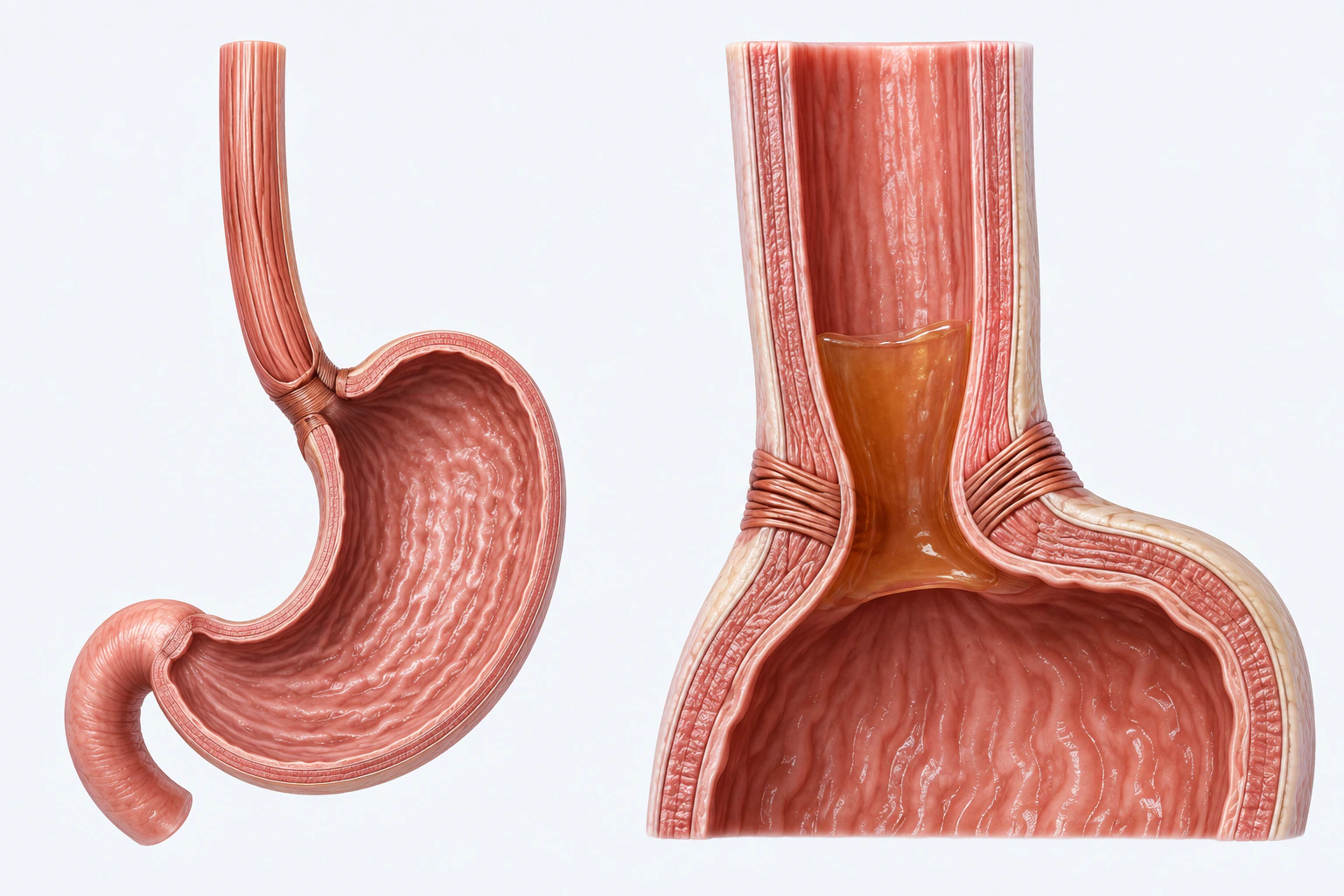 A lower esophagus and intact stomach appear beside an enlarged gastroesophageal-junction cutaway containing a short amber fluid column above the sphincter ring.