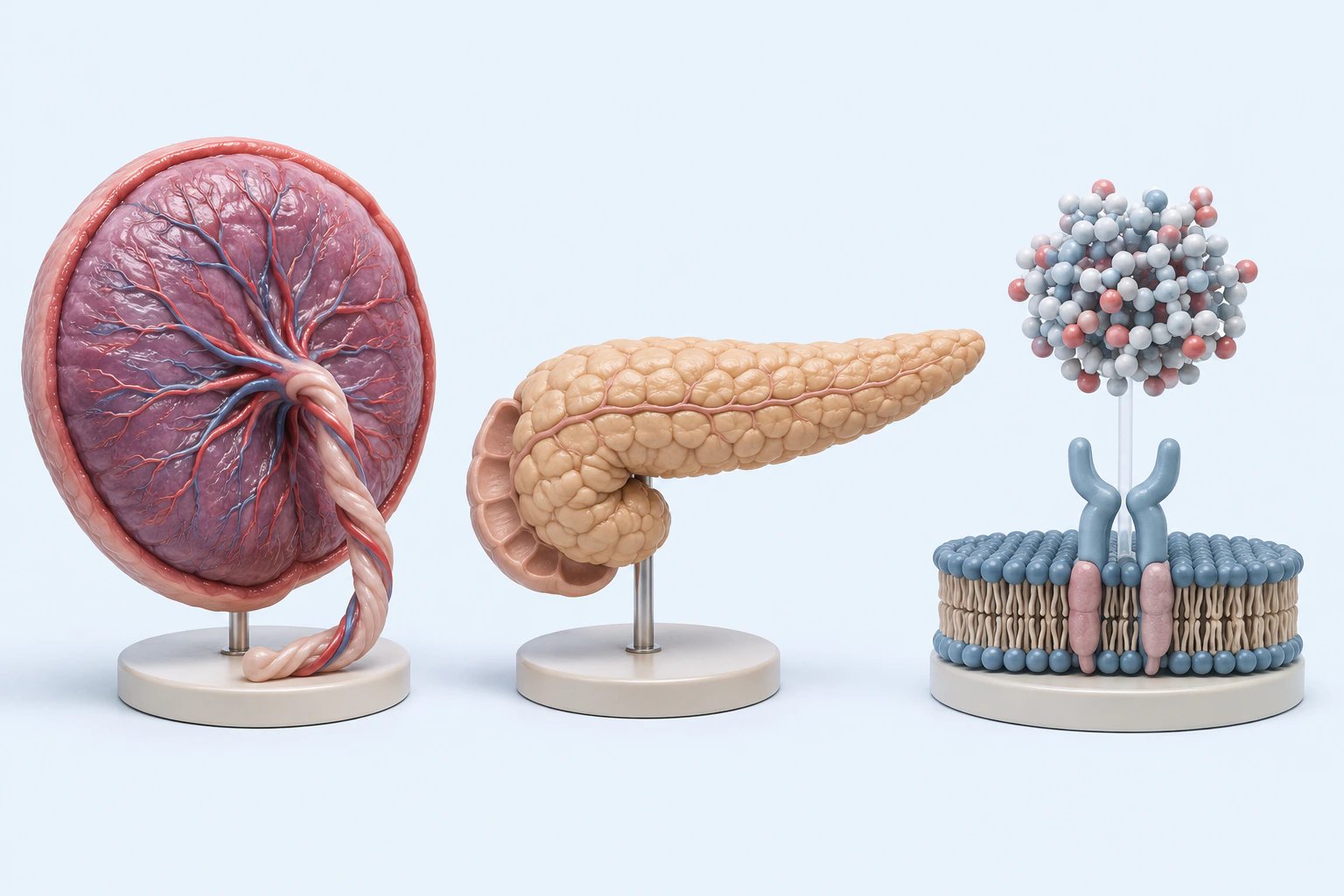 A placental fetal-surface model with cord, a pancreas with duodenal segment, and an unlabeled membrane-and-molecular teaching abstraction appear as three separate groups.