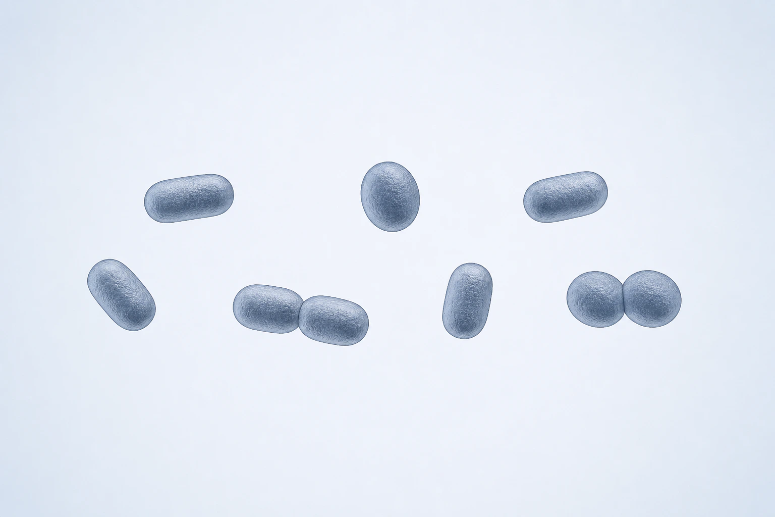 Nine Gordonibacter urolithinfaciens short-rod-to-coccobacillary bodies appear in seven groupings: five singles and two touching pairs.