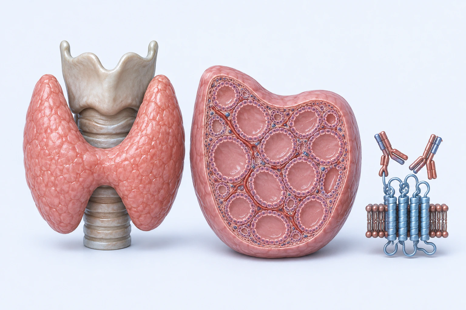 An external thyroid around laryngeal and tracheal supports, a follicular thyroid cutaway, and an unlabeled membrane-and-Y-form abstraction appear separately.