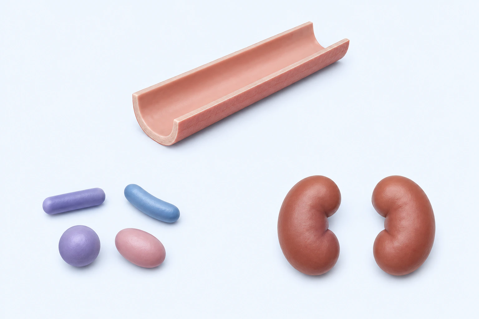 An open gastrointestinal trough, four separate generic microbial forms, and two external kidney models form three unconnected teaching groups.