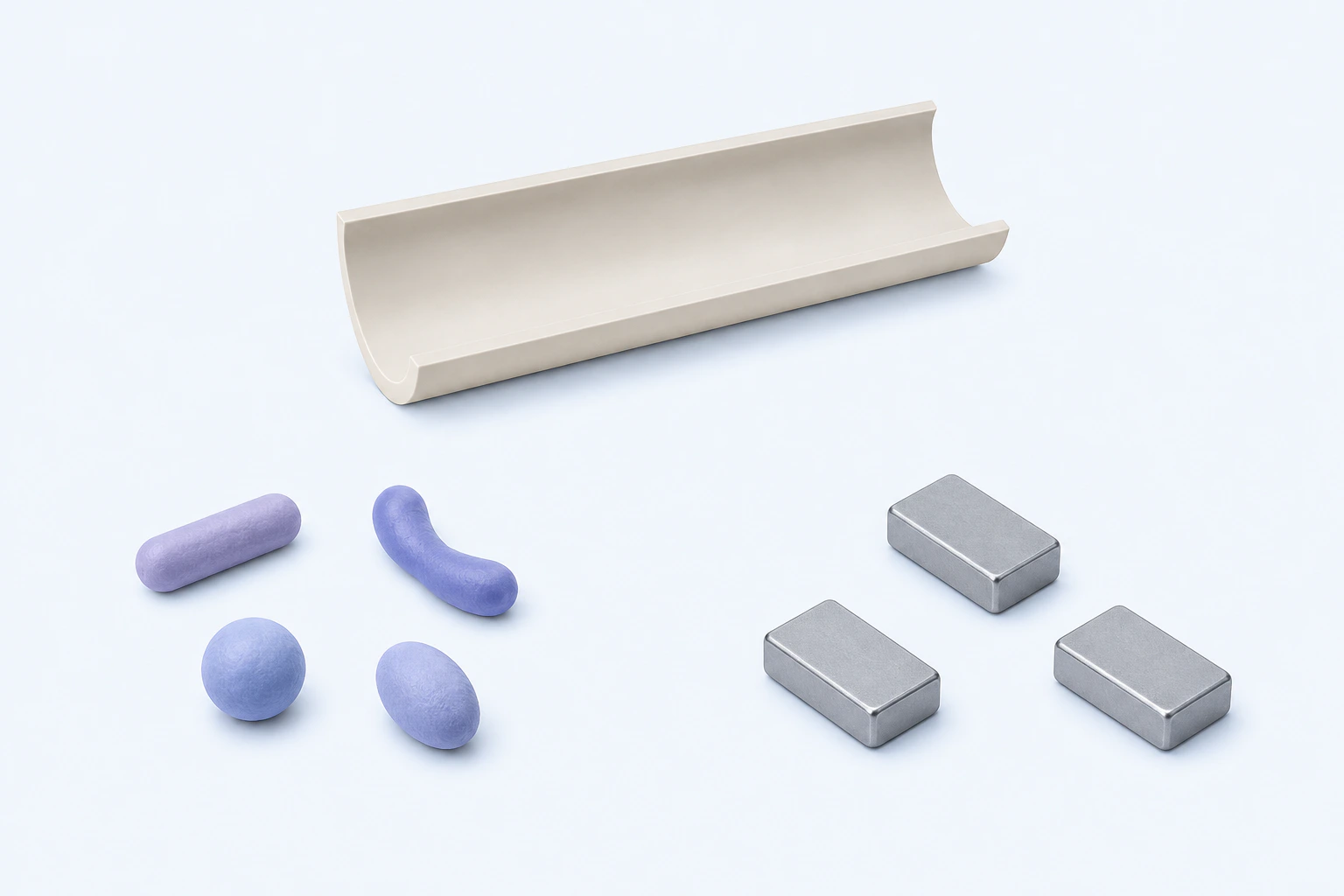 An open gastrointestinal trough, four separate generic microbial forms, and three matching unmarked silver material coupons form unconnected groups.