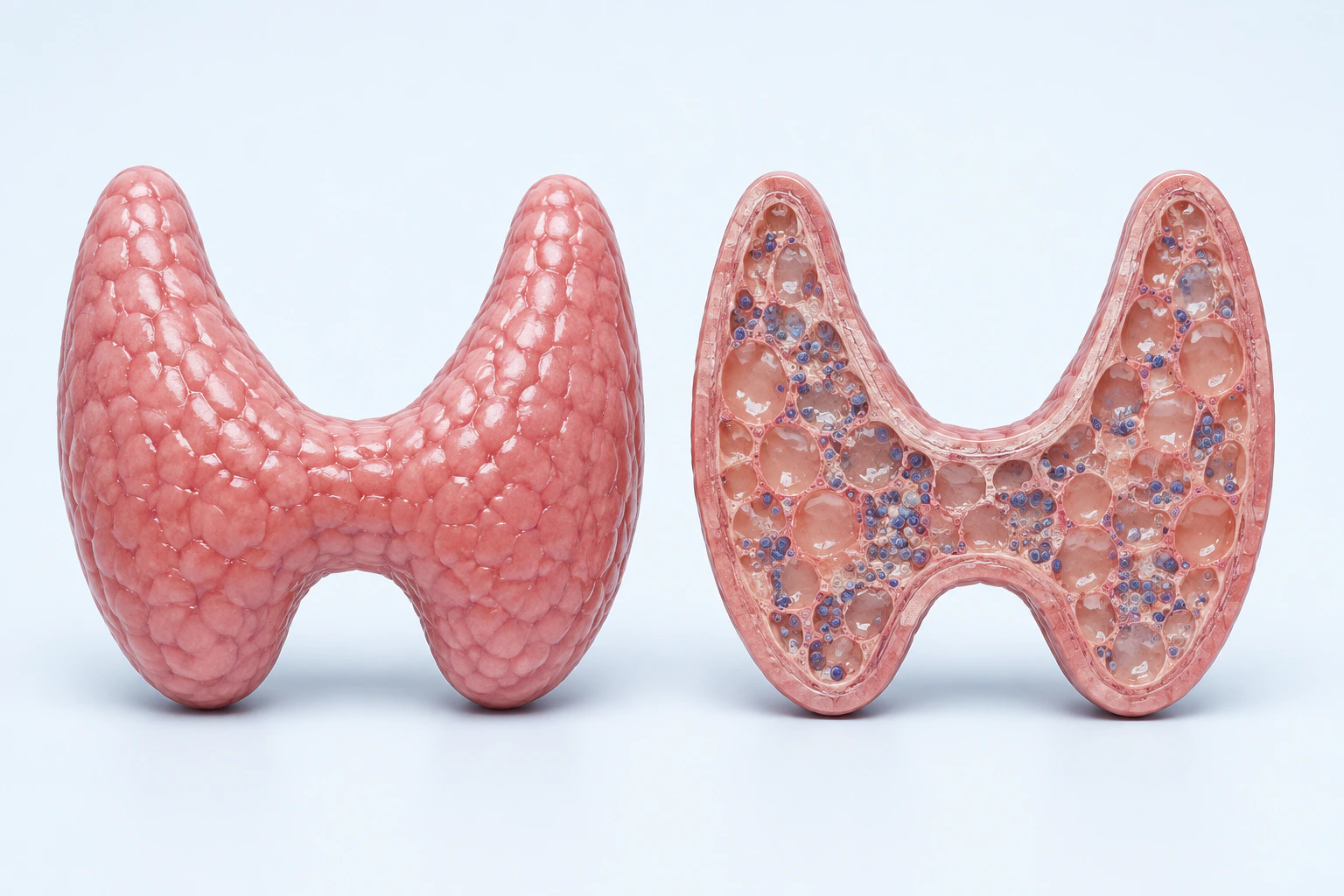 An intact external thyroid appears beside a thyroid cutaway with varied follicular spaces and scattered blue-purple immune-cell-like elements.