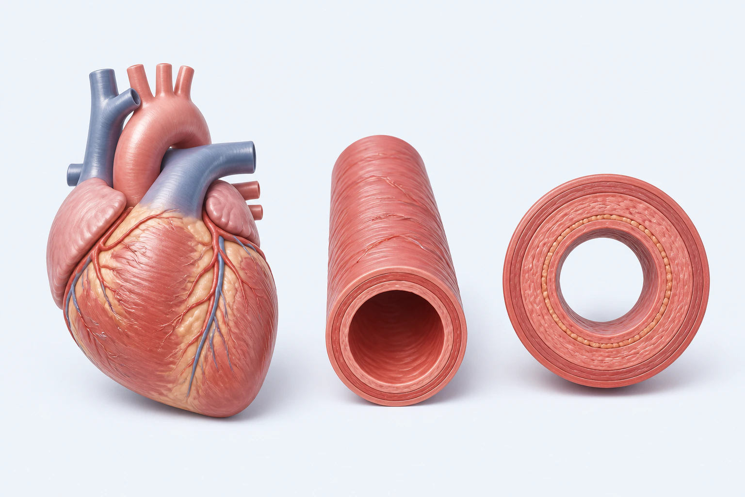 A heart with proximal vessels appears beside an open muscular-artery segment and a layered arterial cross-section with a patent lumen.