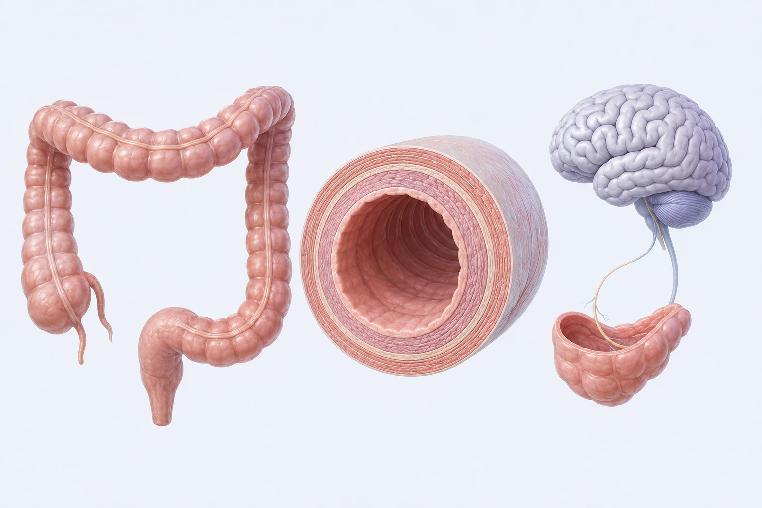 An intact colon and orderly bowel-wall cross-section appear beside a brain and short bowel segment linked by two fine neutral strands.