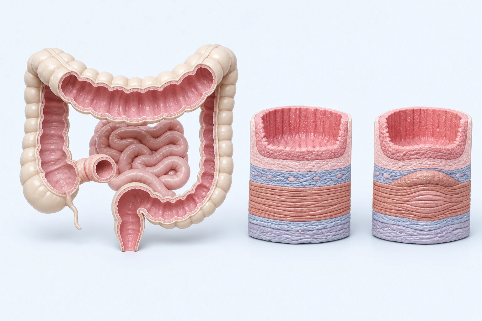 A colon and coiled small-bowel orientation appears beside two separate layered bowel-wall cutaways with visibly different outer-wall contours.