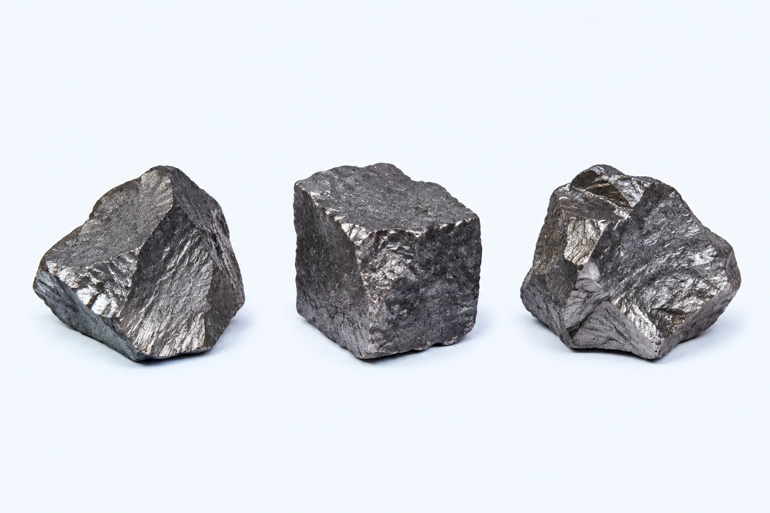Three elemental iron specimens with dark silver-gray surfaces and bright metallic fracture faces.