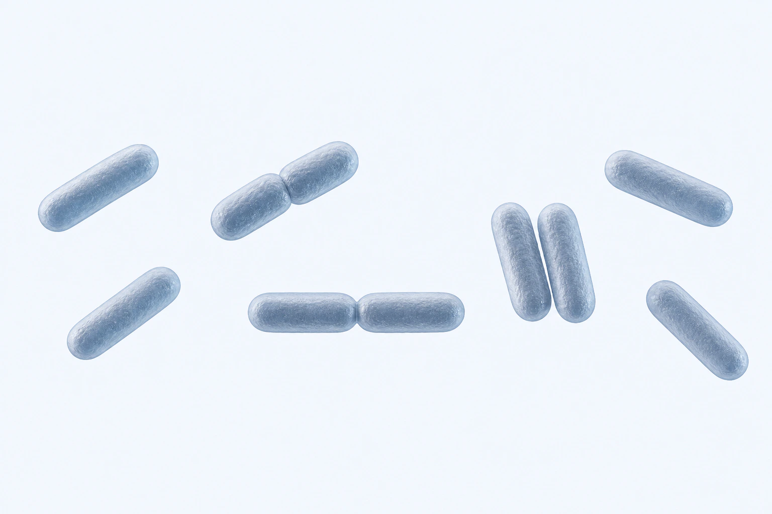 Ten Lactobacillus acidophilus rounded-end rods appear in seven groupings: four singles, two touching end-to-end pairs, and one loose parallel two-rod arrangement.