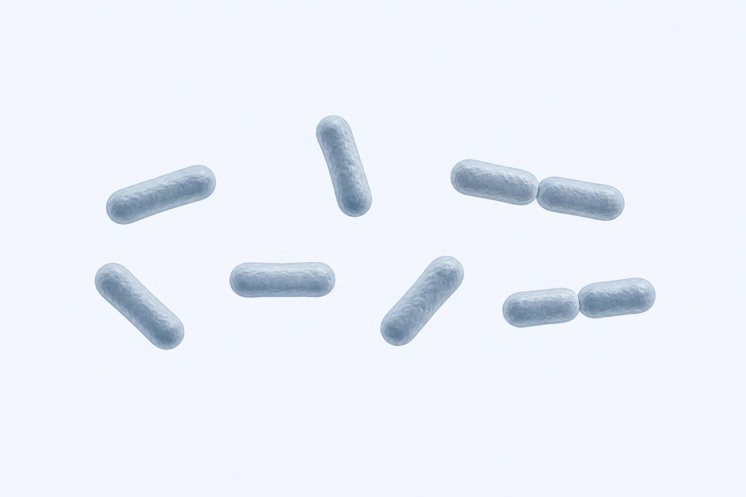 Nine compact rounded-end Lactobacillus gasseri rods appear in seven groupings: five singles, one close two-rod arrangement, and one touching pair.
