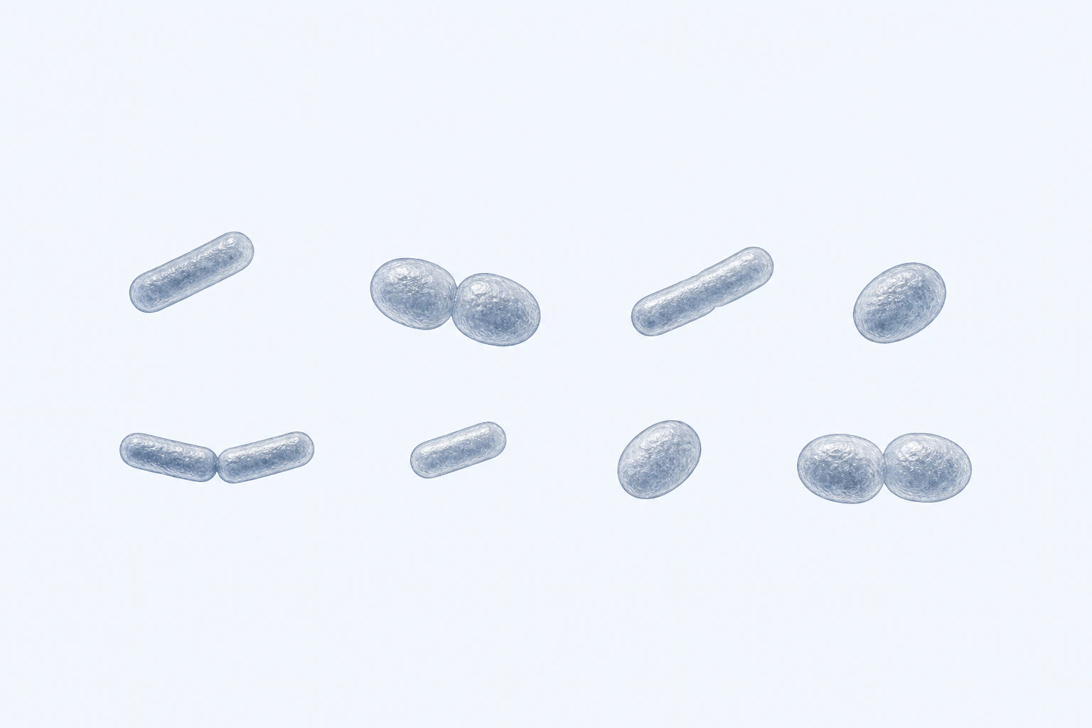 Eleven compact Lactobacillus iners bodies appear in eight groupings: five singles and three pairs, including five very short rods and six coccobacillary forms.