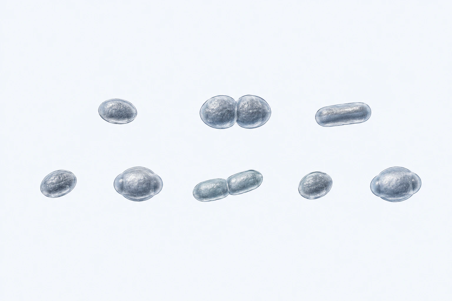 Ten compact Lancefieldella parvula bodies appear in eight groupings: six ovoid-to-short-rod singles and two pairs, including two broadened continuous singles.