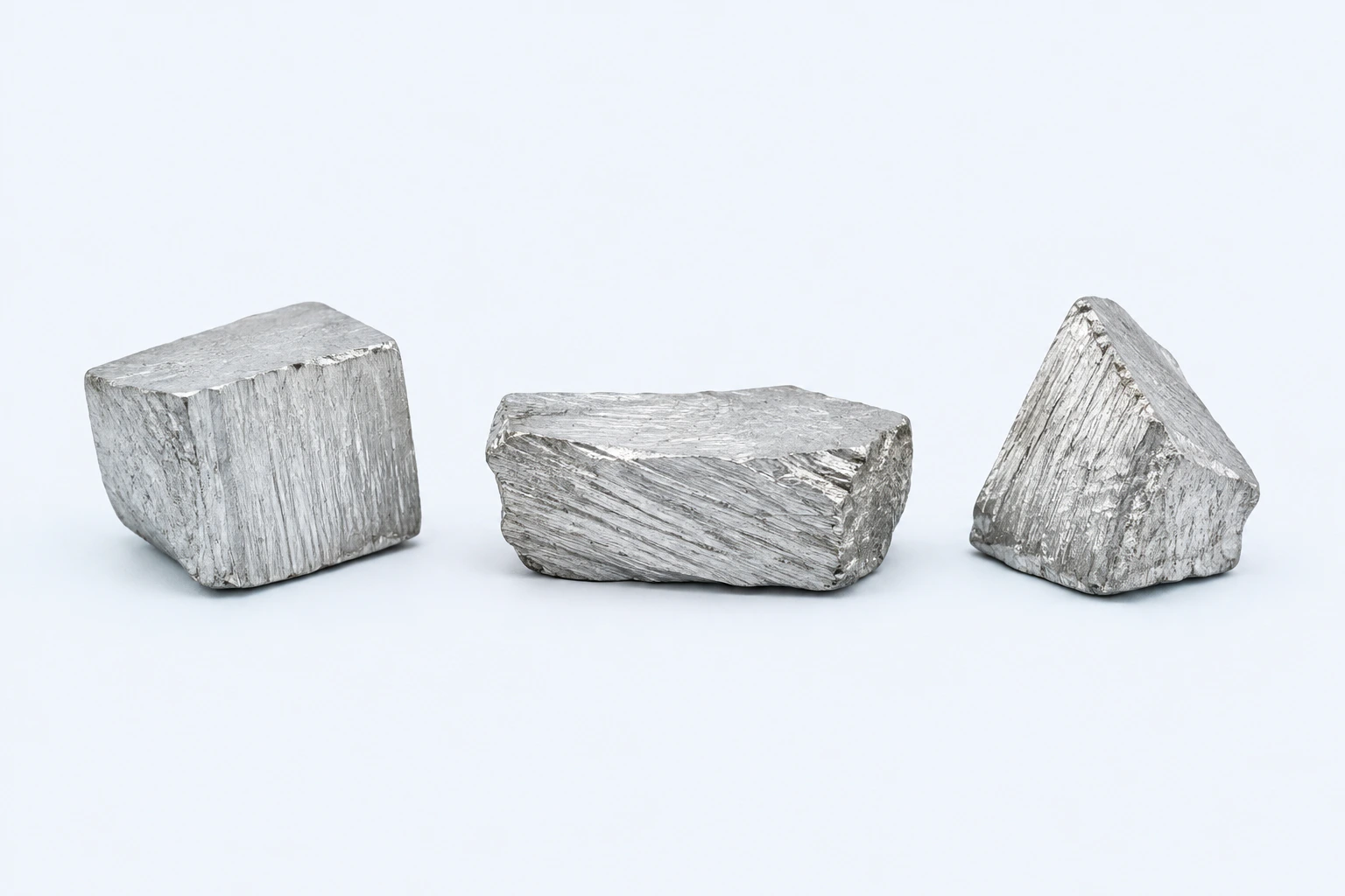 Three elemental magnesium specimens with pale silvery cut faces and machining-like surface striations.