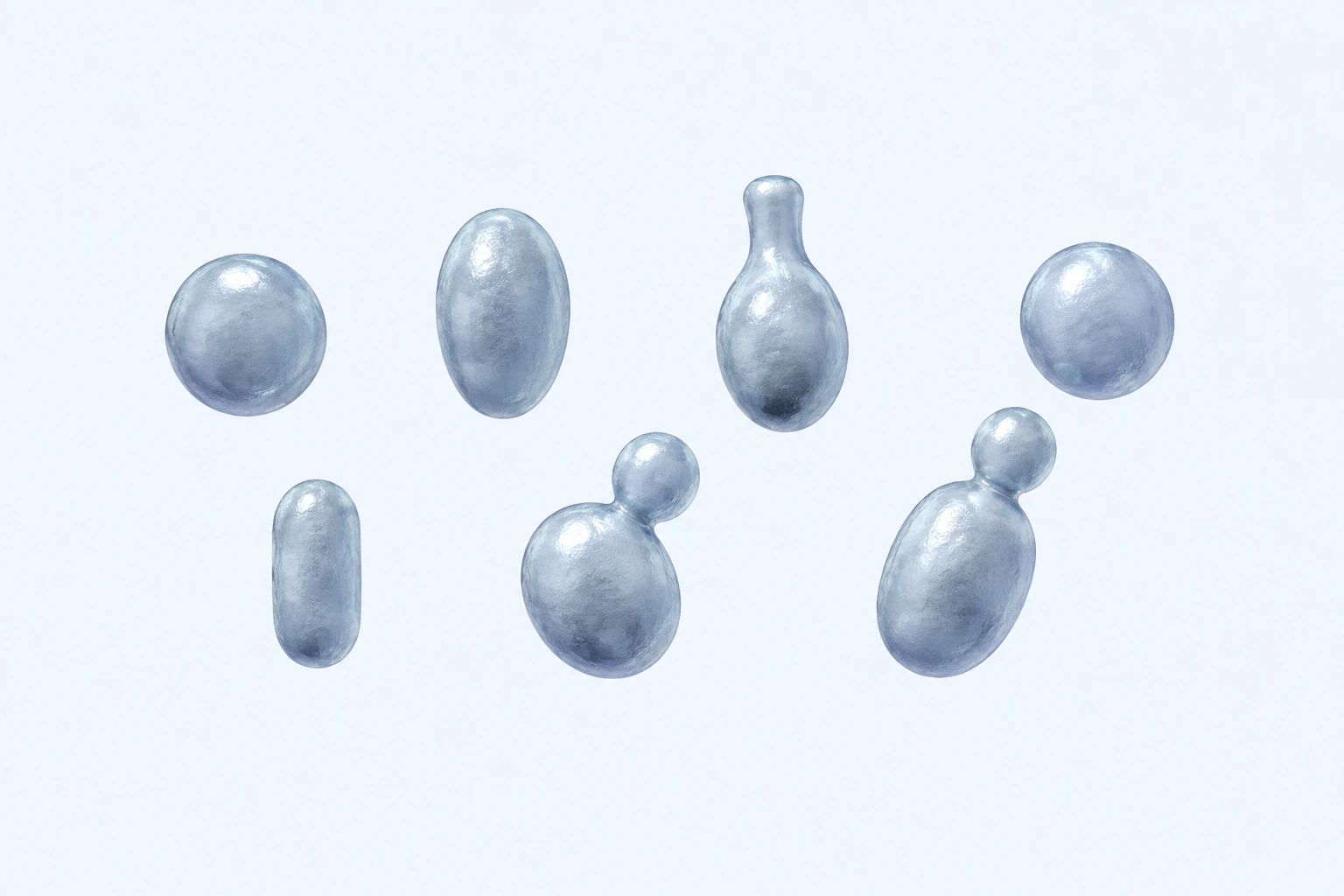 Nine Malassezia yeast bodies appear in seven groupings: five varied singles and two broad-base mother-bud pairs.