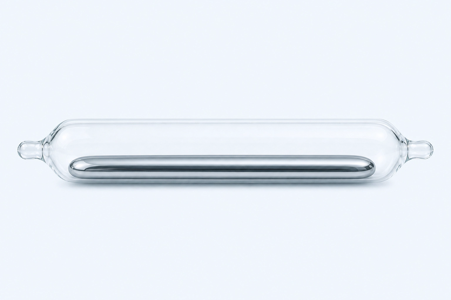 A sealed clear ampoule containing one continuous pooled body of silvery elemental mercury.