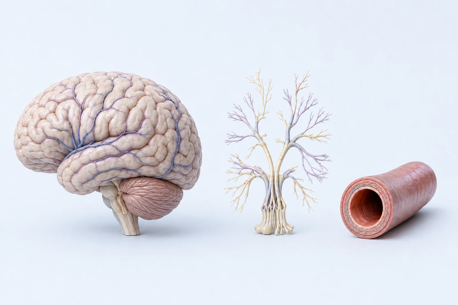 An intact lateral brain with superficial vessels appears beside a generic branching sensory-nerve model and a patent layered artery segment.