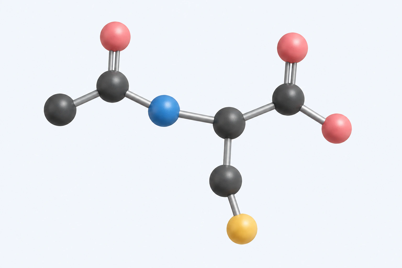 Single heavy-atom connectivity model of N-acetyl-L-cysteine with five carbon, one nitrogen, three oxygen, and one sulfur center.