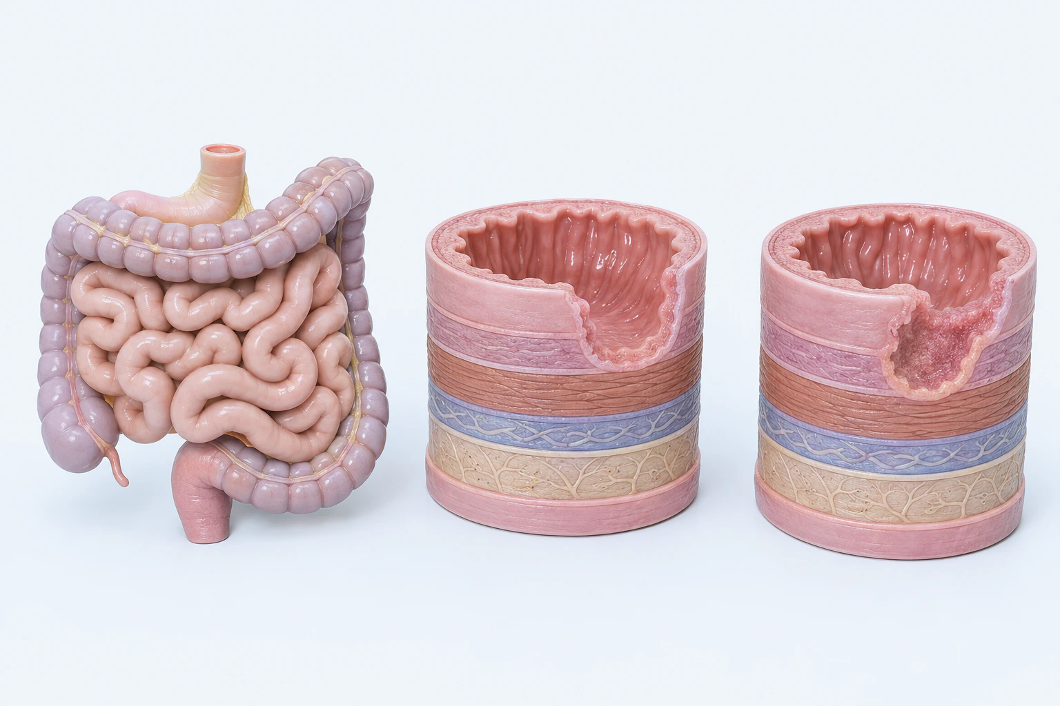 Generic small-and-large-intestine anatomy appears beside two layered wall models, one with a bounded non-graphic surface defect.