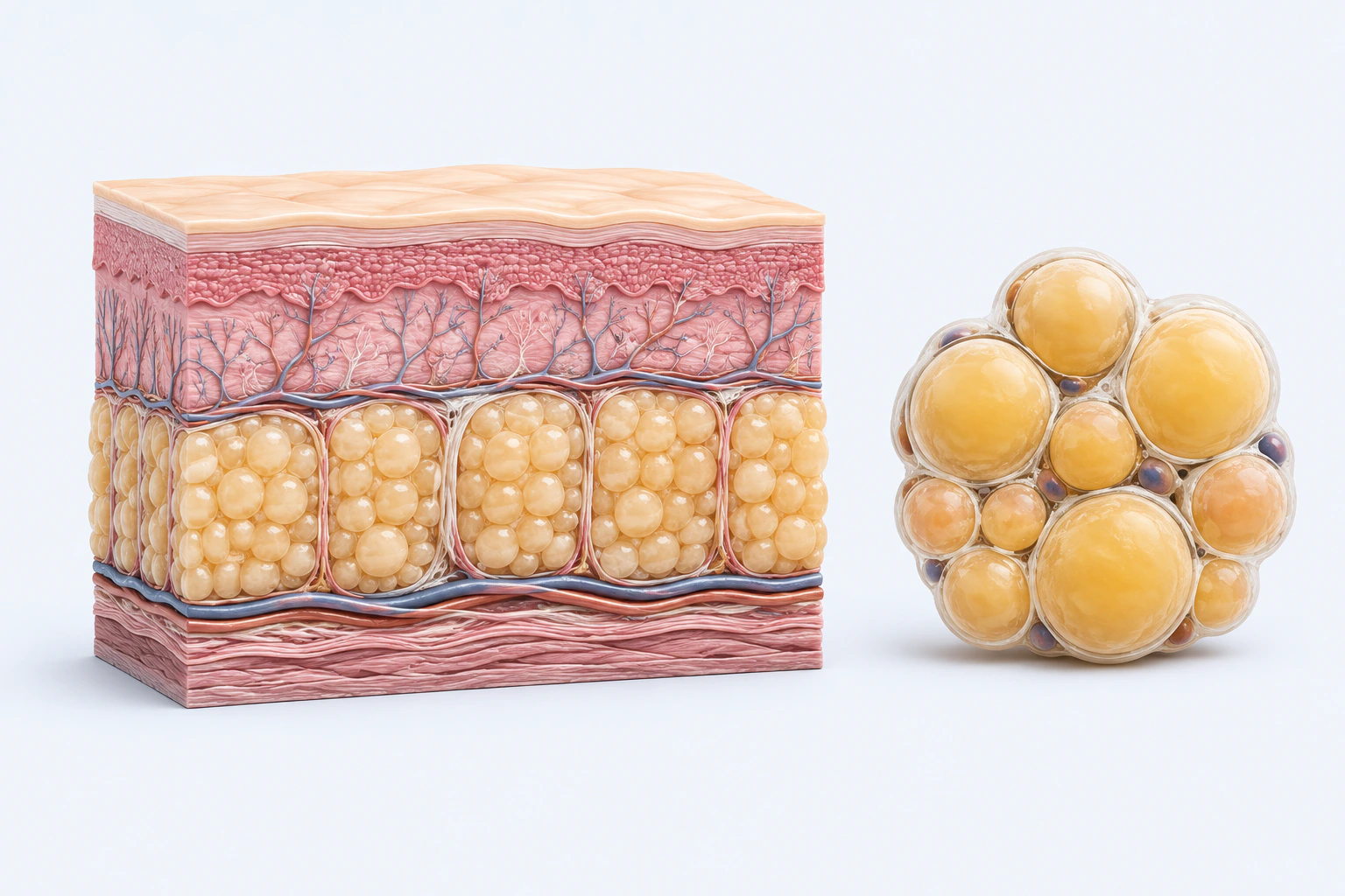 A layered skin-and-subcutaneous-adipose tissue block appears beside a separate rounded cluster of varied pale adipocyte-like cells.