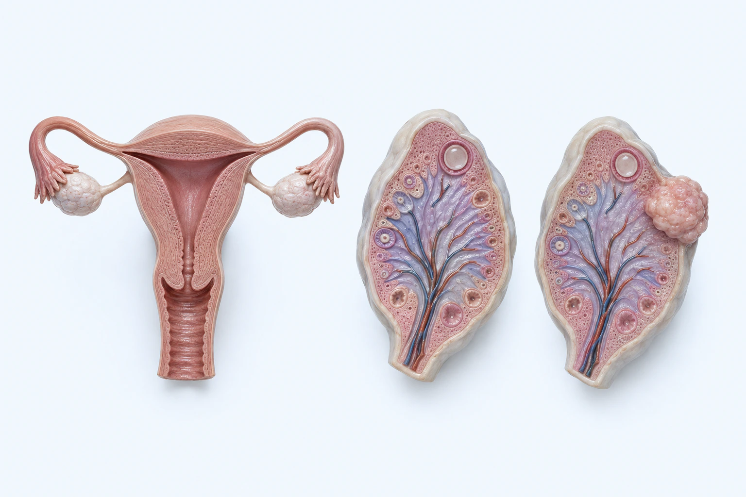 Reproductive anatomy and two ovarian cutaways appear separately; one cutaway carries a single prominent bounded nonspecific external growth.