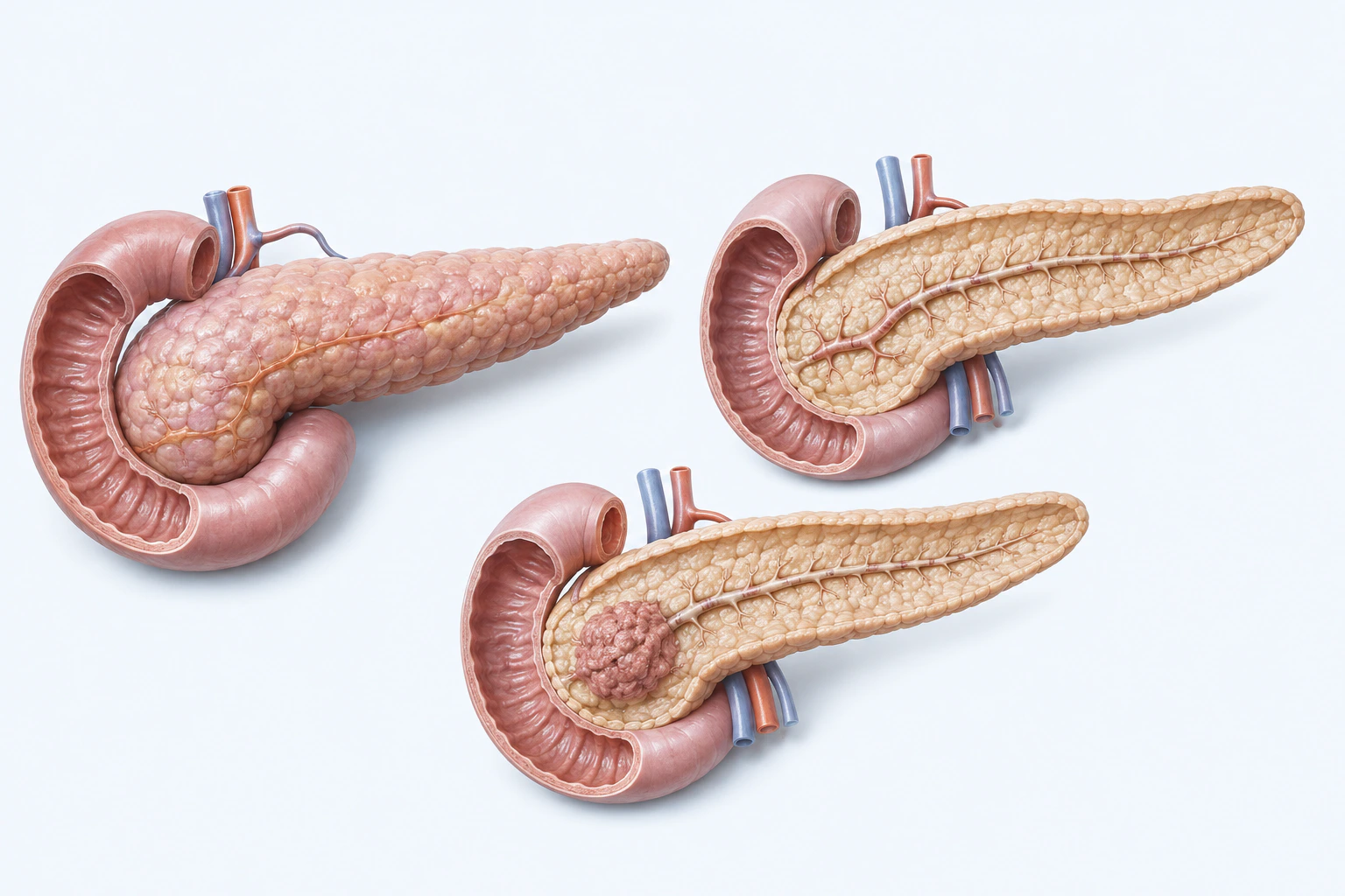 Three pancreatic teaching models appear separately, including one with a bounded nonspecific growth near the pancreatic head.