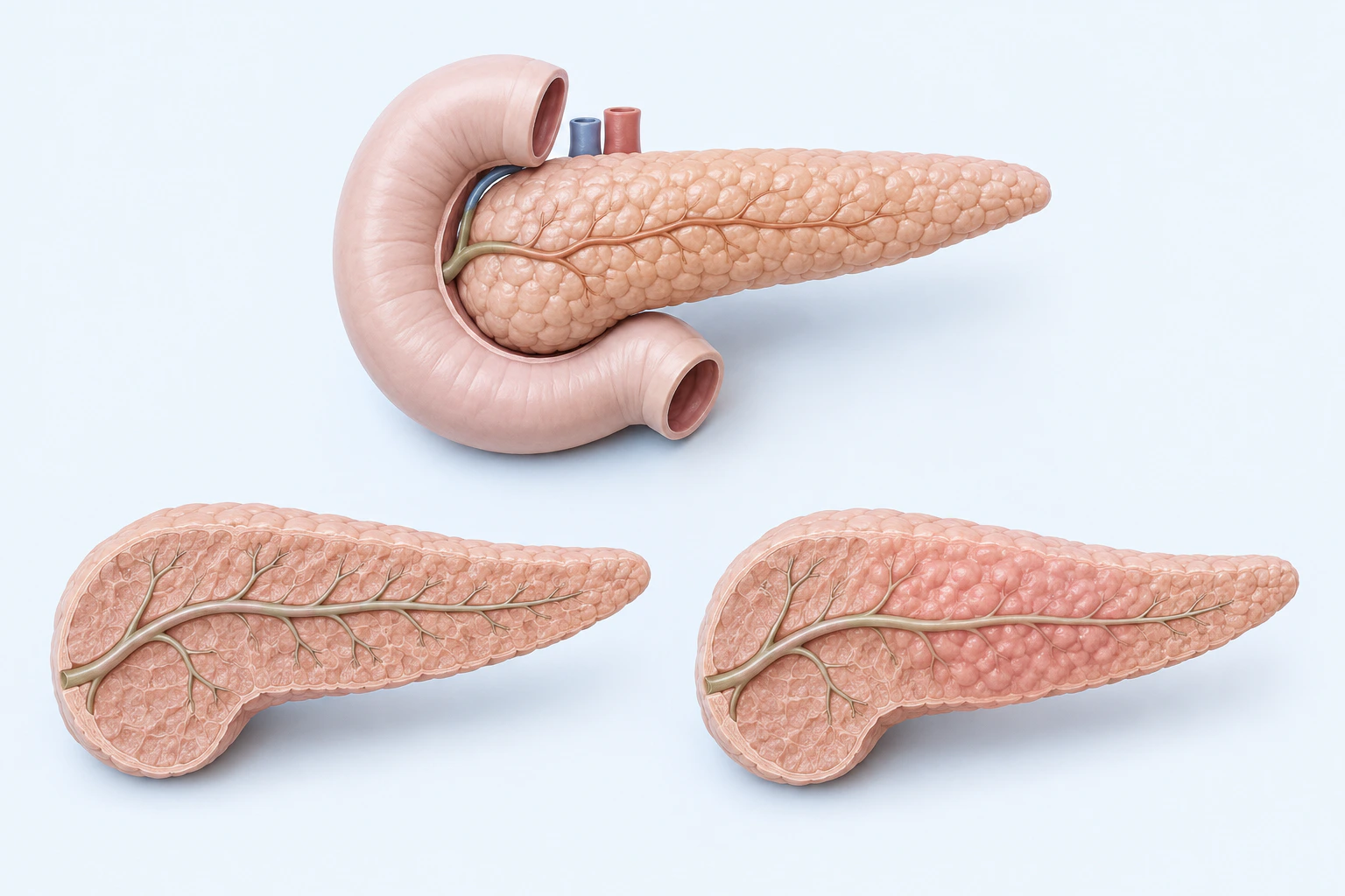 Three pancreatic teaching models appear separately, including one with a bounded nonspecific region of altered tissue texture.