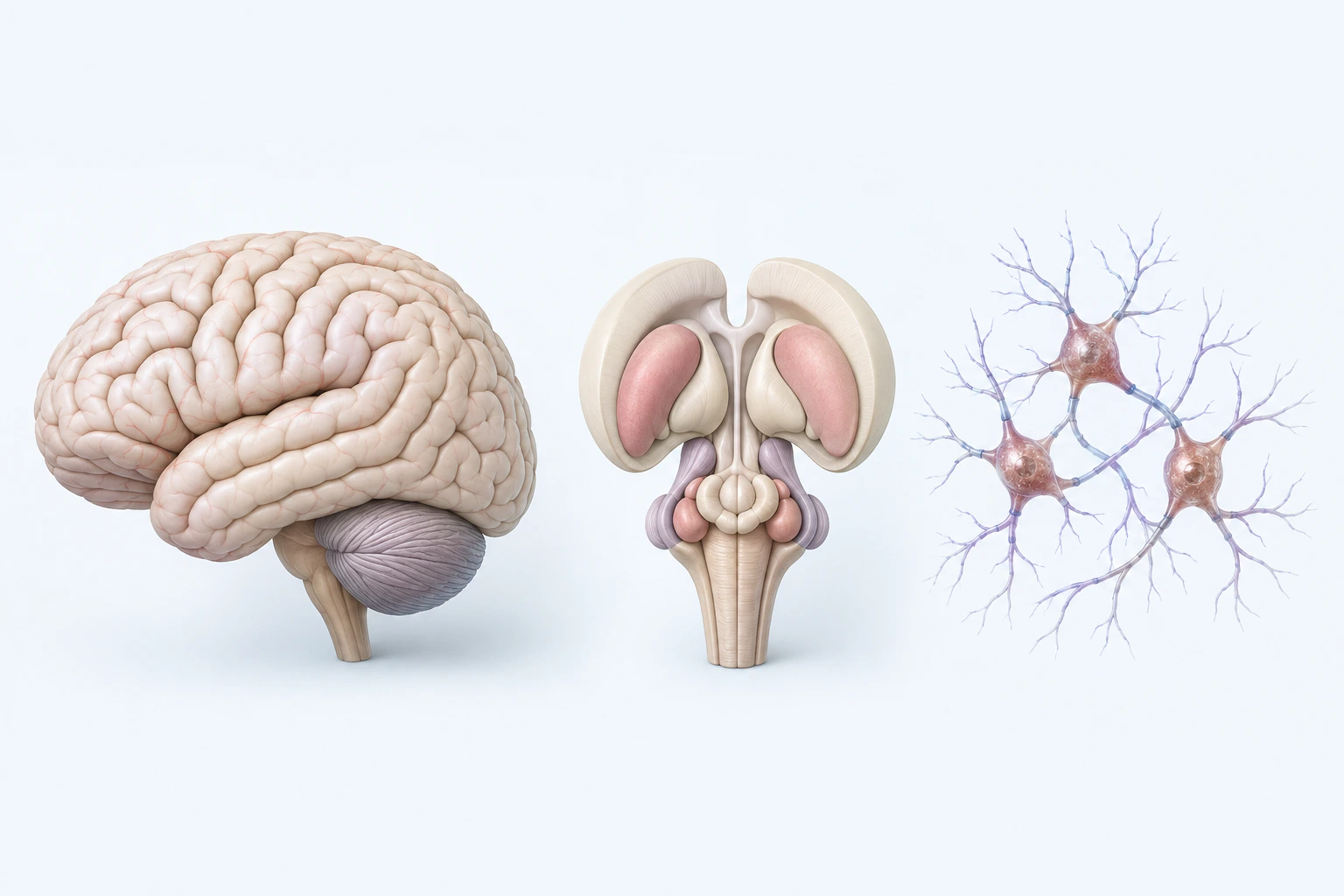 A lateral brain, symmetric deep-brain orientation abstraction, and a connected cluster of three neuron-like cells appear separately.